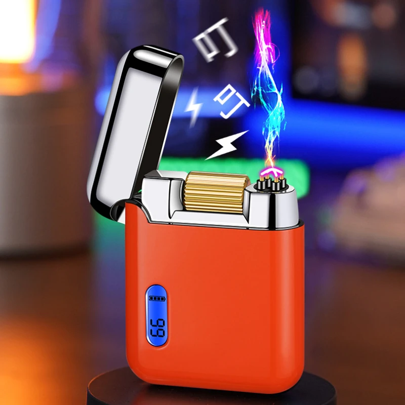 Creative and Trendy Metal Double Arc Pulse Power Display Lighter Silent Charging Cigarette Lighter Powerful Windproof Lighter