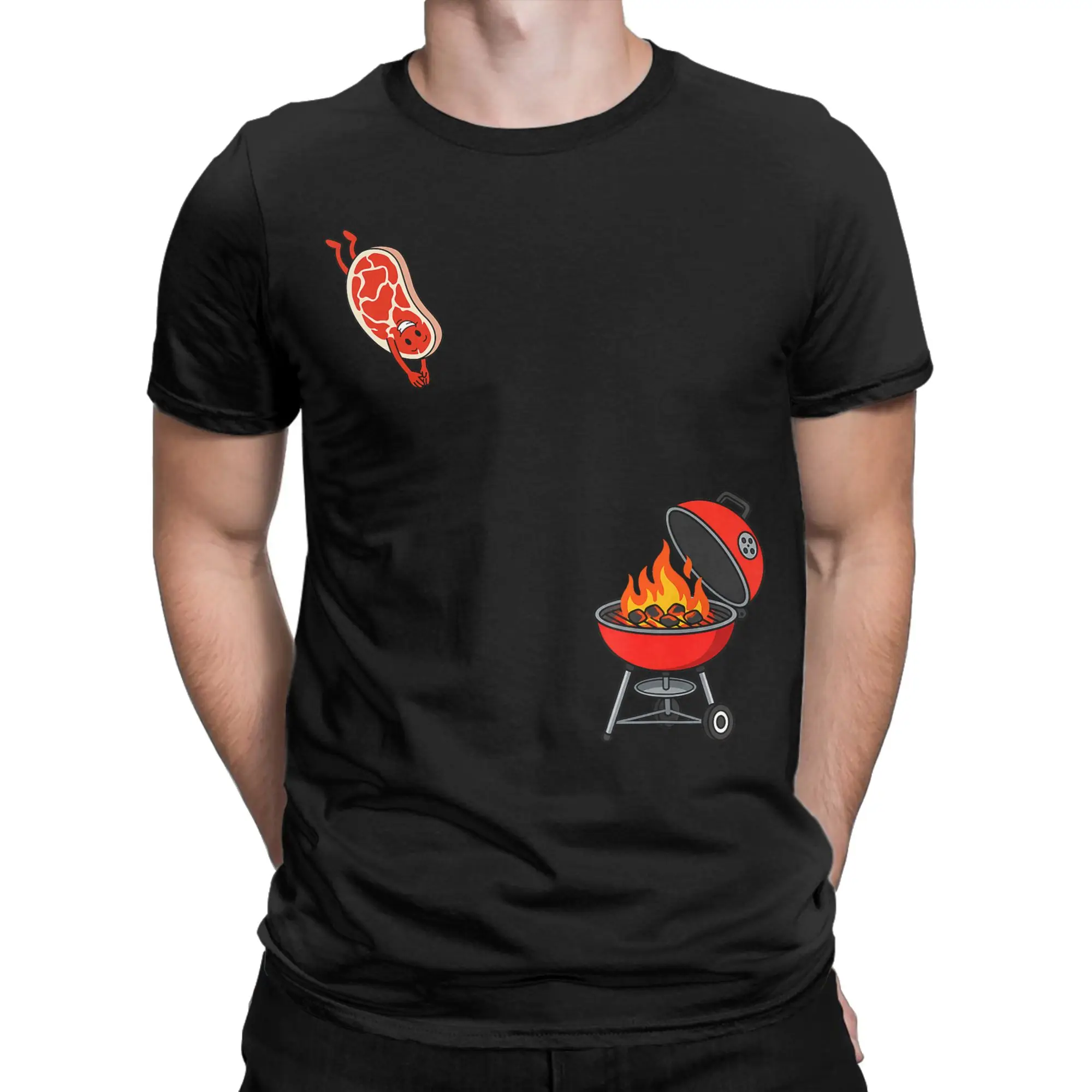 BBQ Steak Meme Cute Meat Jumping Into Grill T-Shirt Men  Funny Pure Cotton Tee Shirt O Neck Short Sleeve T Shirts Plus Size Tops
