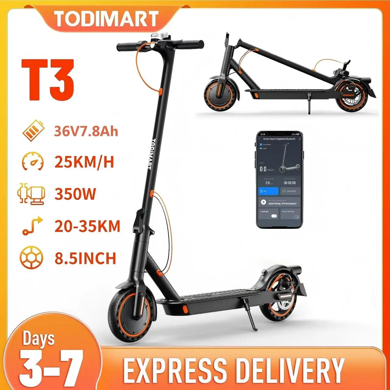 Trottinette électrique adulte TODIMART T3, 350W moteur,  36V 7.8AH , 20-30KM porté, vitesse 25km/h,APP,8.5 pouces E Scooter