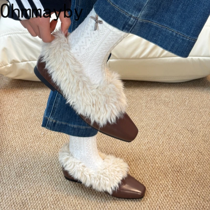 2026 Spring New Women Faux Fur Mary Jane Shoes Fashion Shallow Slip On Leather Shoes Female Elegant Low Heel Dress Pumps view 5