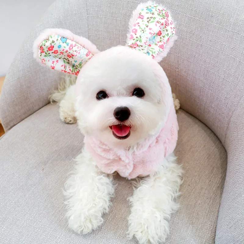 Warm Puppy Winter Sweater Thickened Plush Pet Dog Clothes Cute Bunny Ear Design Hoodies for Small Dogs Cats Home Wear Clothing