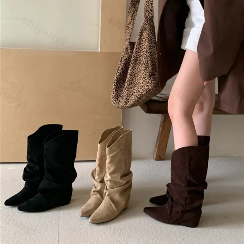 

Womens Boots Pointed Toe Mid Calf 2025 Autumn New Fashion Chelsea Boots Height-increasing Insoles Retro High Quality Mujer Botas