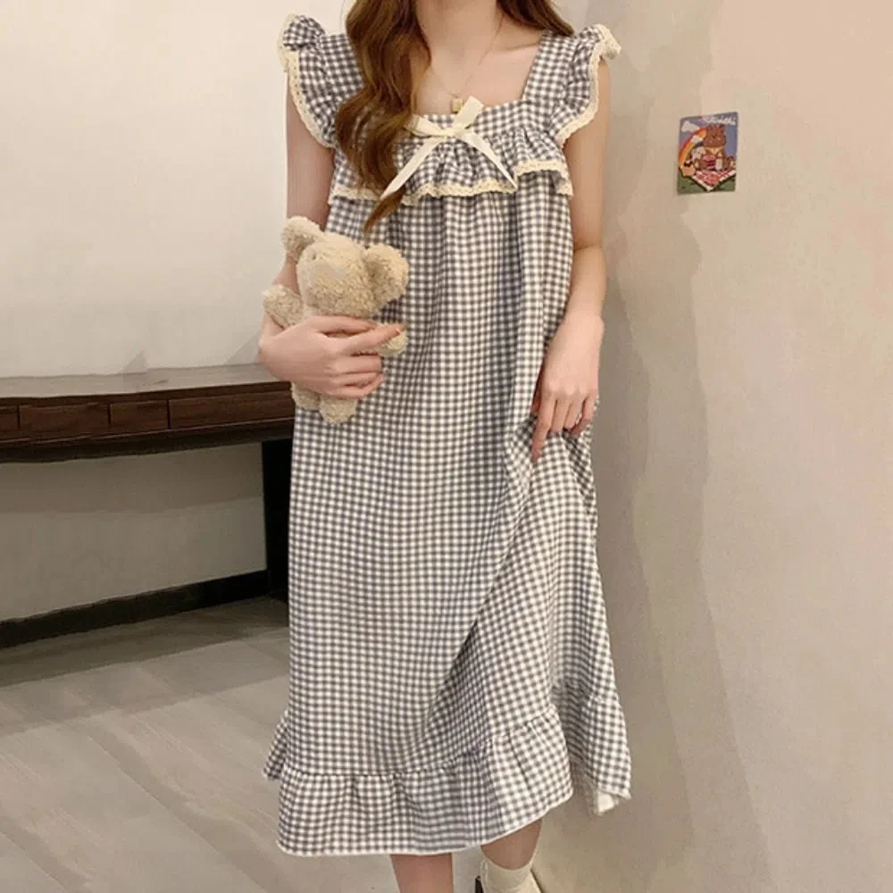 

Casual Lace Ruffle Women's Grid Pajama Dress Bowknot Loose Sleeveless Nightdress Sweet Sleepwear Nightgowns with Pads Home