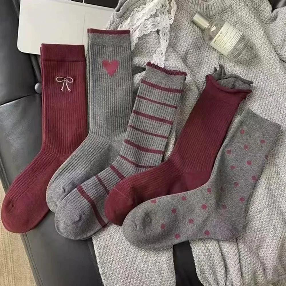 

5 пар модных полосатых женских носков с милым бантом и узлом для влюбленных, повседневная одежда, удобные дышащие женские чулки