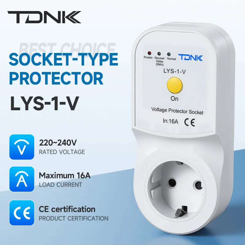 TDNK 16A AC220V EU Voltage Protector Socket LYS-1-V Auto Recovery Surge Protector for over And under Voltage Protection