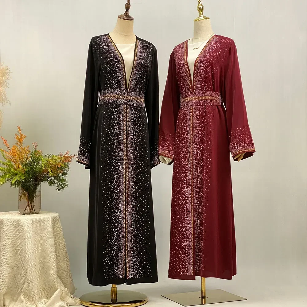

Ramadan Eid Diamonds Open Abaya Dubai Turkey Kaftan Women Muslim Belted Dress Islam Kimono Cardigan Kebaya Jalabiya Robe Gown