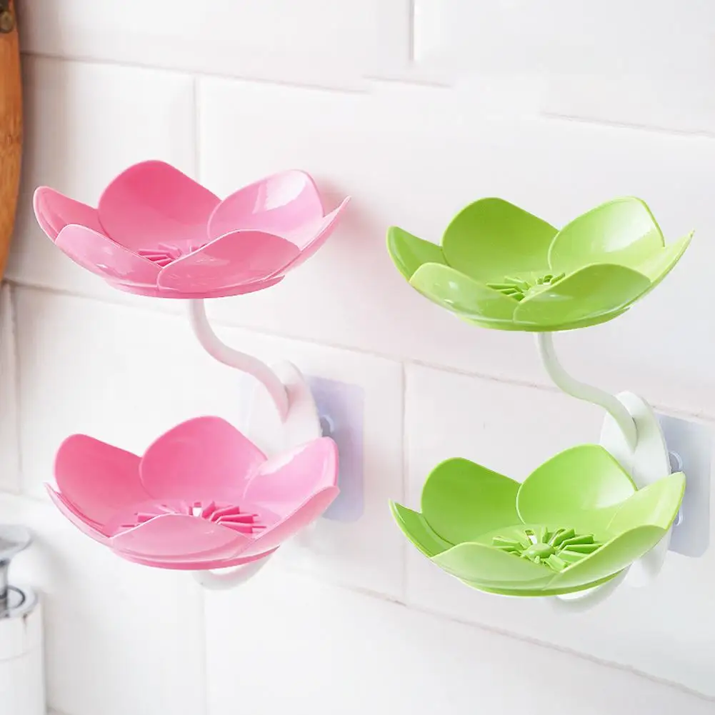 Creative Lotus Flower Soap Box 2 Tier Serving Tray Utensil Holders Suction Wall Tray Floral Soap Dish Shelf Holders Soap Holder