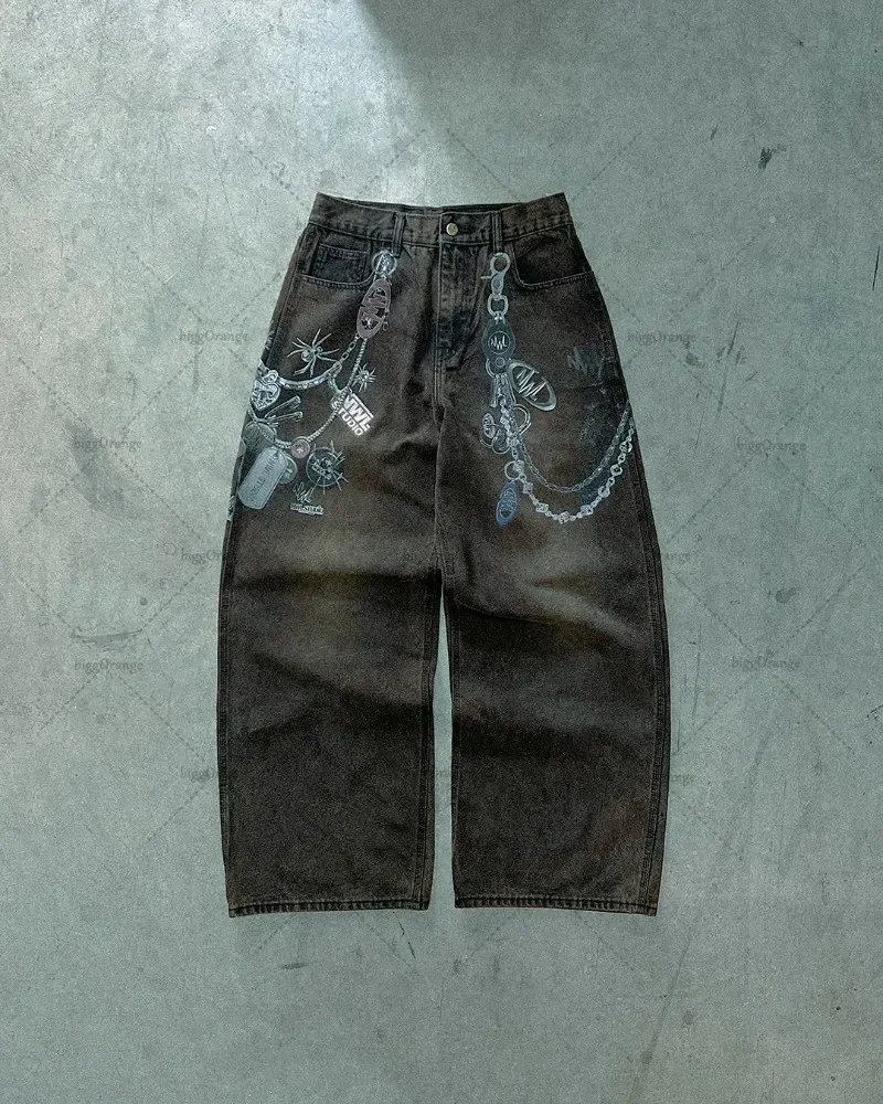 

3D Retro Print Loose Wide Leg Pants Men Y2k American High Street Fashion Gothic Punk Washed Oversized Baggy Jeans Pants Women