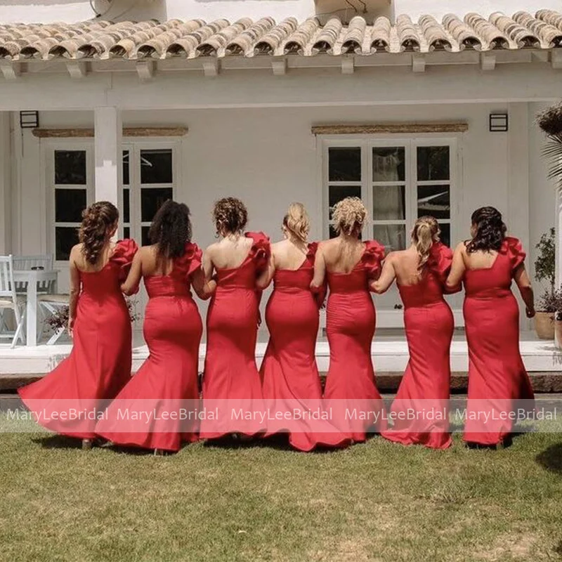 Customized Ruffles One Shoulder Red Bridesmaid Dresses with High Slit Mermaid Bridal Reception Party Gown Maid of Honor Dress