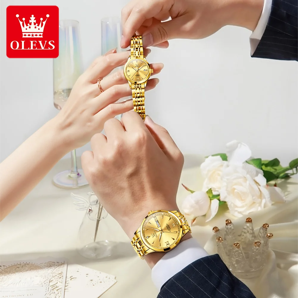 OLEVS 9956 Couple Watch for Men Women Ducal Calendar Diamond Roman Scale Luxury Business Lover's Automatic Mechanical Wristwatch
