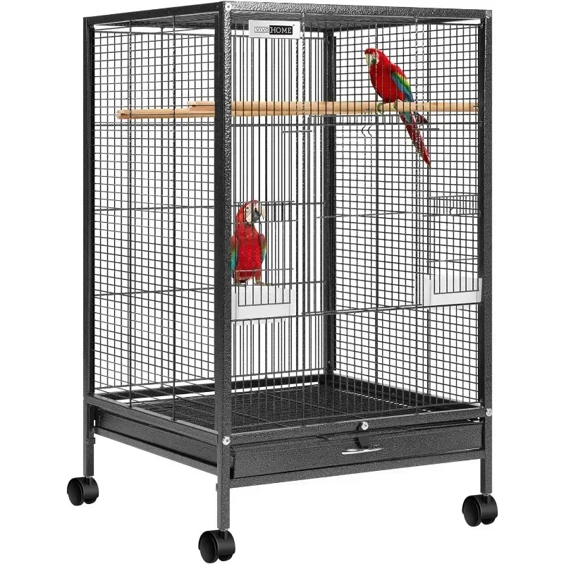 

30 Inch Height Wrought Iron Bird Cage with Rolling Stand for Parrots Conure Lovebird Cockatiel Black