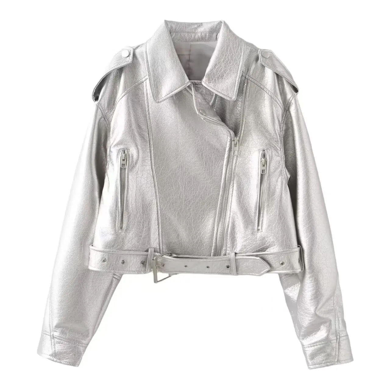 

Женская кожаная куртка с длинными рукавами, осенняя повседневная простая модная верхняя одежда с отложным воротником в байкерском стиле, универсальный пояс, короткое пальто