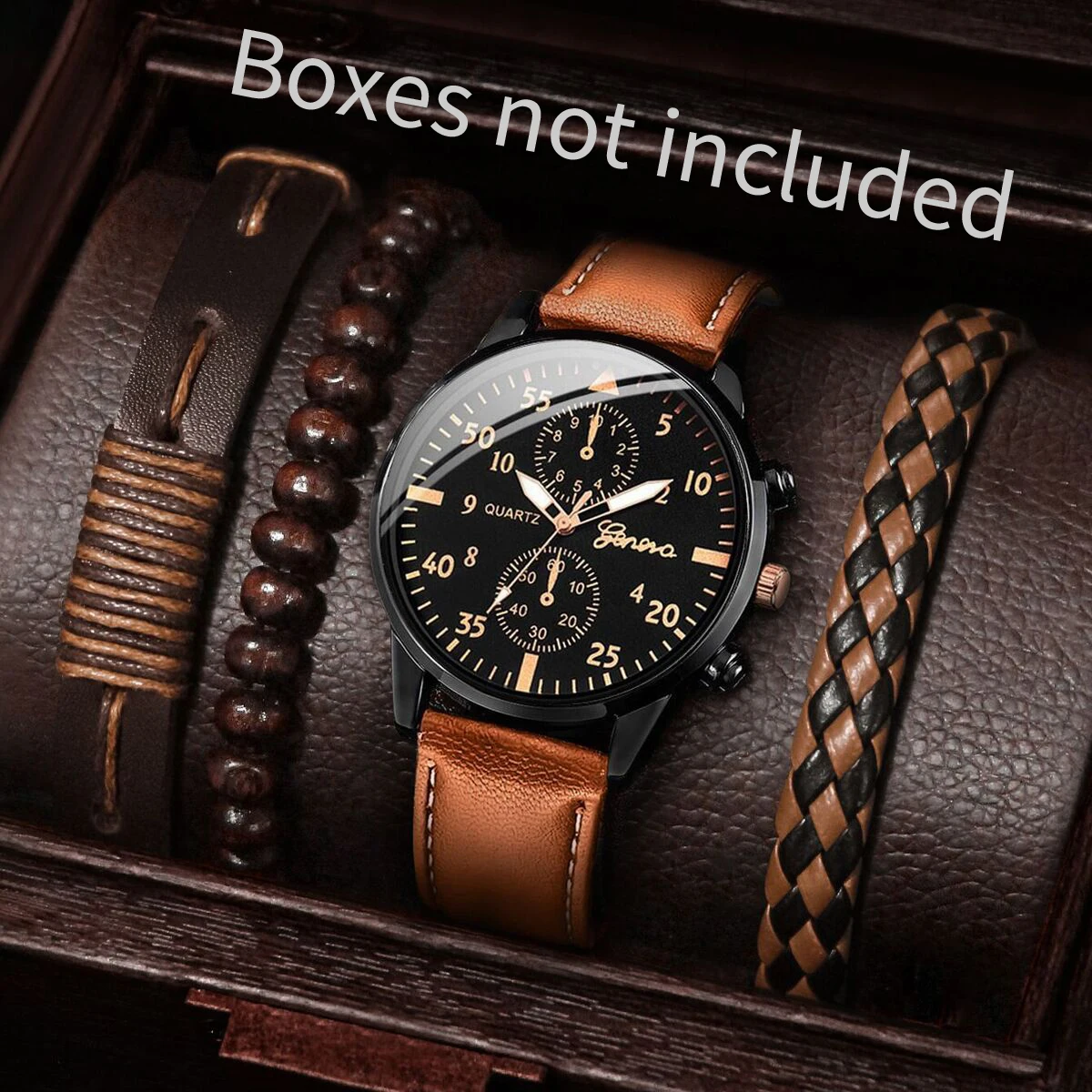 4PCS/Set Men\'s Business Watches Fashion Arabic Dial Leather Band Quartz Watches Vintage Bracelets Set（Without Box）