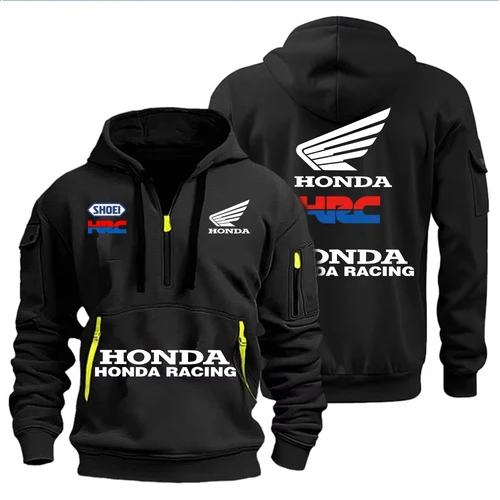 Honda Racing Otoño e Invierno Sudadera con capucha con cremallera y múltiples bolsillos para hombre Ropa deportiva informal y sudadera con capucha holgada Top de manga larga
