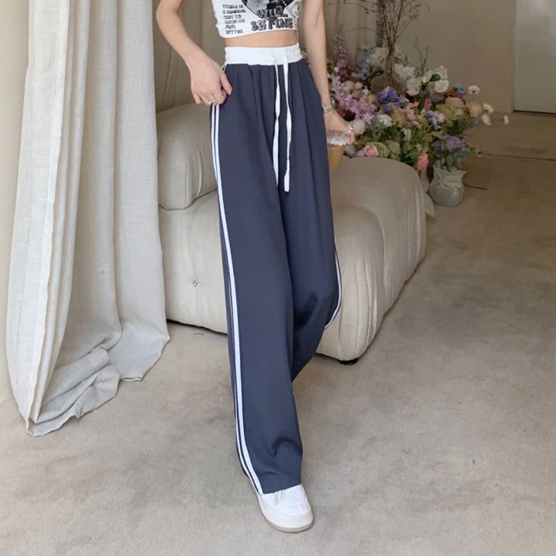 Gidyq Summer High Waist Sweatpants Women Fashion Patchwork Stripes Straight Leg Pants Casual Female Streetwear Wide Leg Trousers