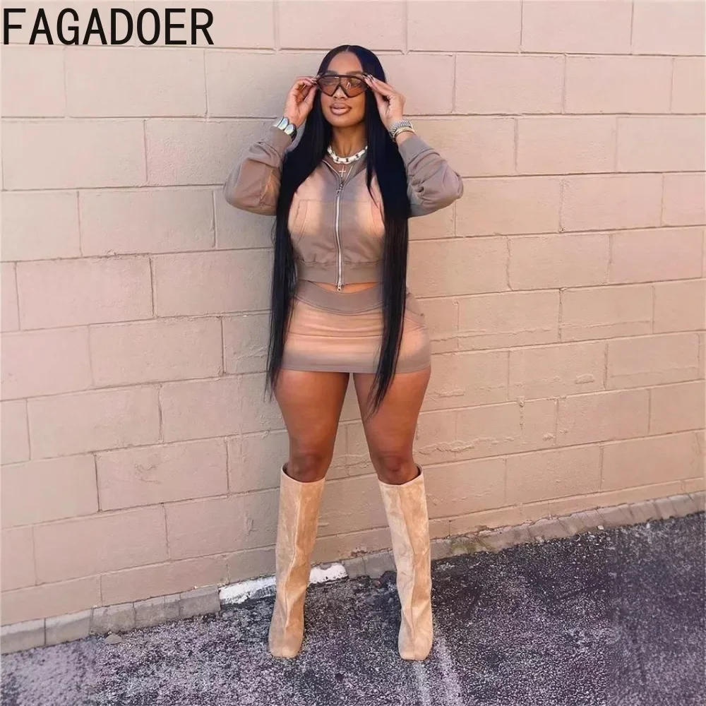 FAGADOER Tie Dye Retro Street 2pcs Sets Women Outfits Fashion Zip Pockets Crop Jacket And Mini Skirts Y2K Streetwear Suits New