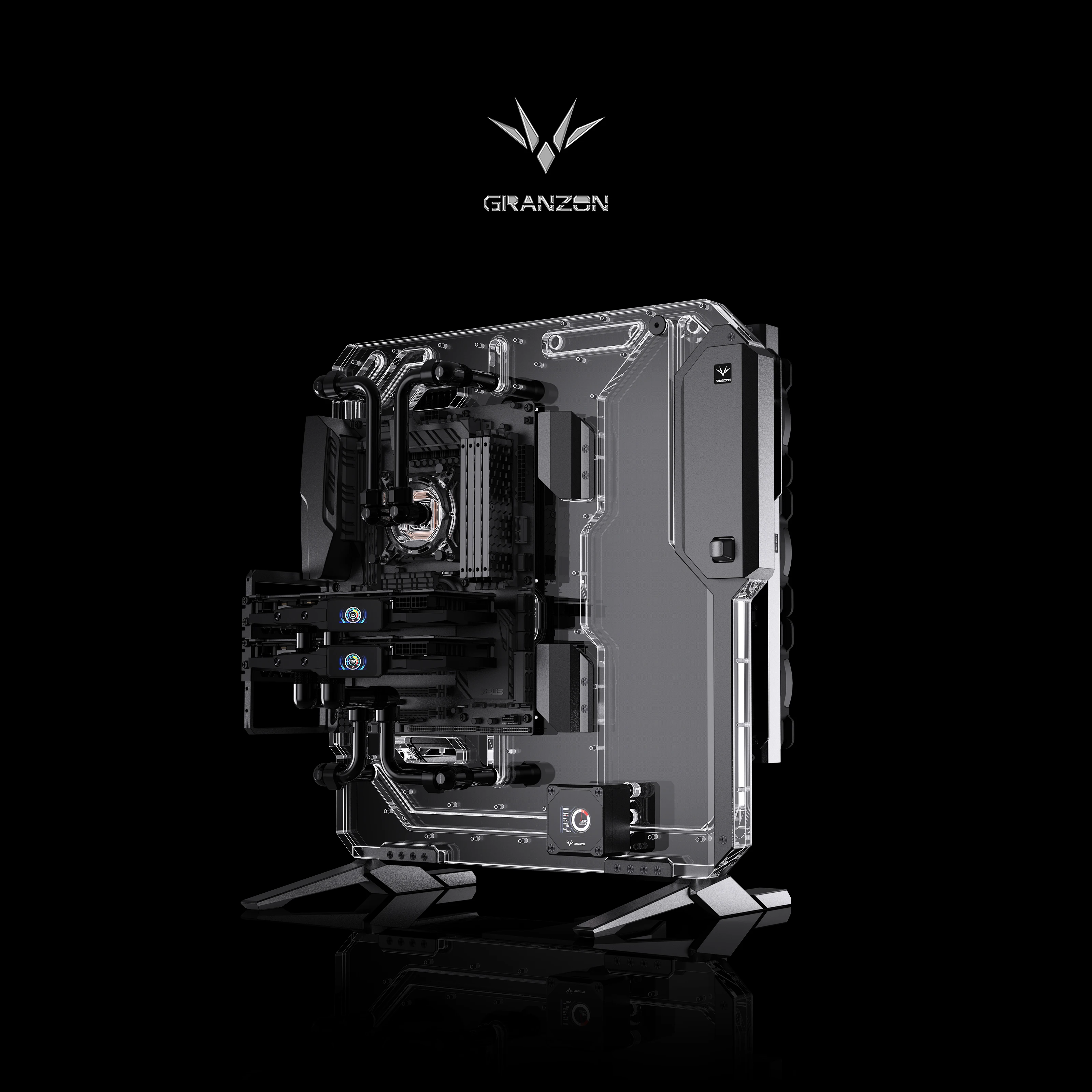 

Granzon G20 E-ATX Open Frame Panoramic Viewing Gaming Computer Case with Acrylic Distro Plate Radiator Water Cooled Chassis