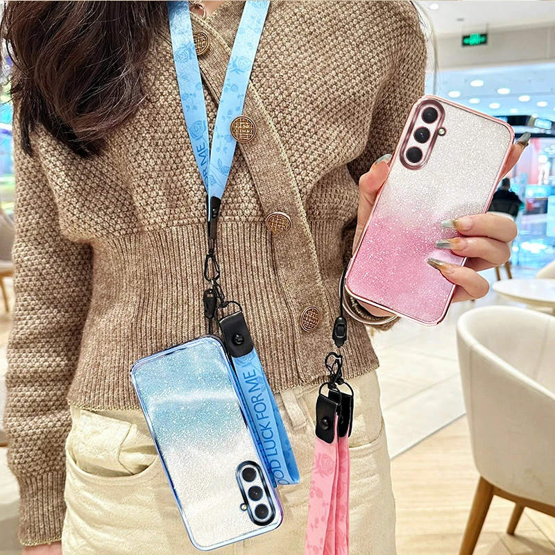 

S25 Fashion Rose Anti-Loss Lanyard Strap Glitter Case for Samsung Galaxy S25 S24 S23 S22 S21 Plus Ultra Fe 5G Back Cover 25 Plus