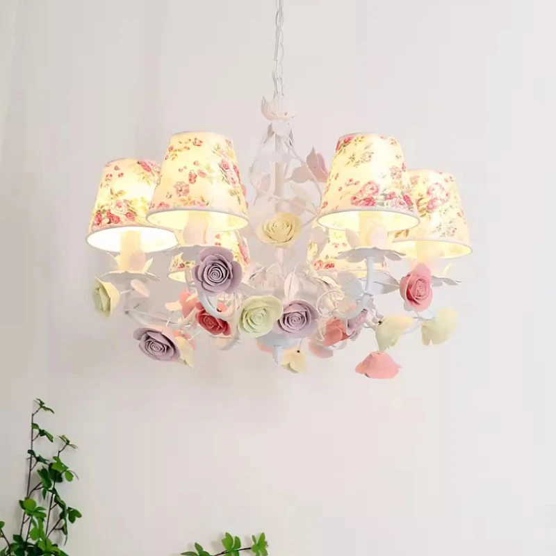 Romantic Children's Room Princess Room Chandeliers Color Bouquet Flower Lamp French Warm Living Room Girl Bedroom Chandelier LED