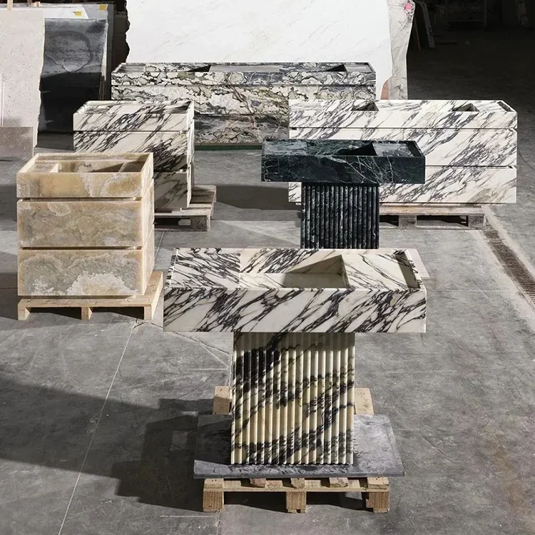 hot  Bespoke Marble Bathroom Vanity Modern Green Stone Freestanding Pedestal T Design Modern Sink HOT SALES