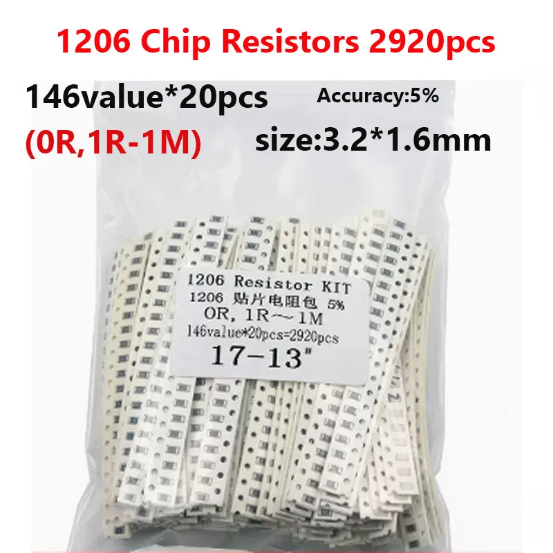 

2920pcs 1206 Chip Resistor Pack Component Pack Accuracy 5% 0R 1R-1M 146value*20pcs