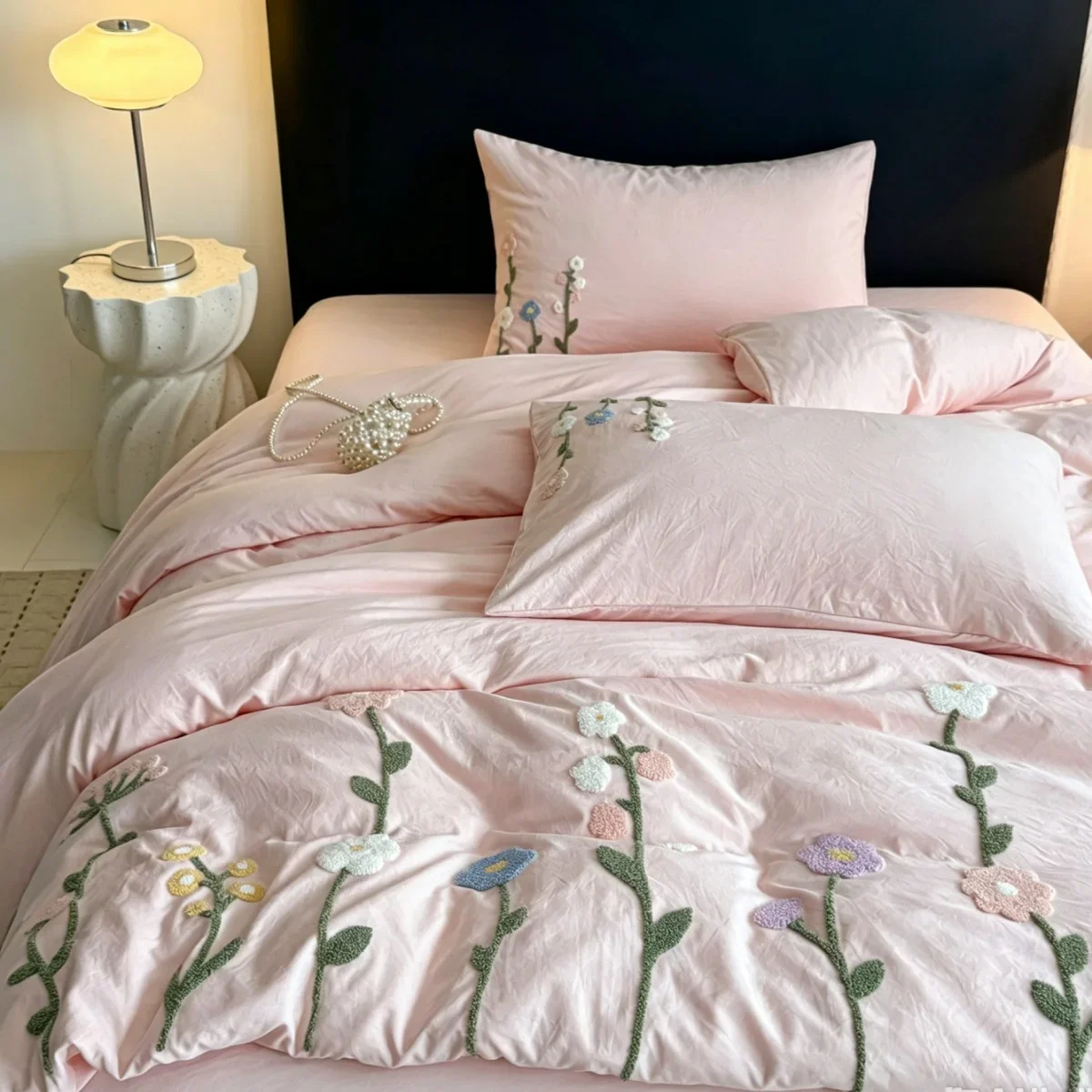 4pcs  Embroidery plants Duvet Cover Set (1*Duvet Cover + 2*Pillowcase, Without Core),soft fabricBedding Set