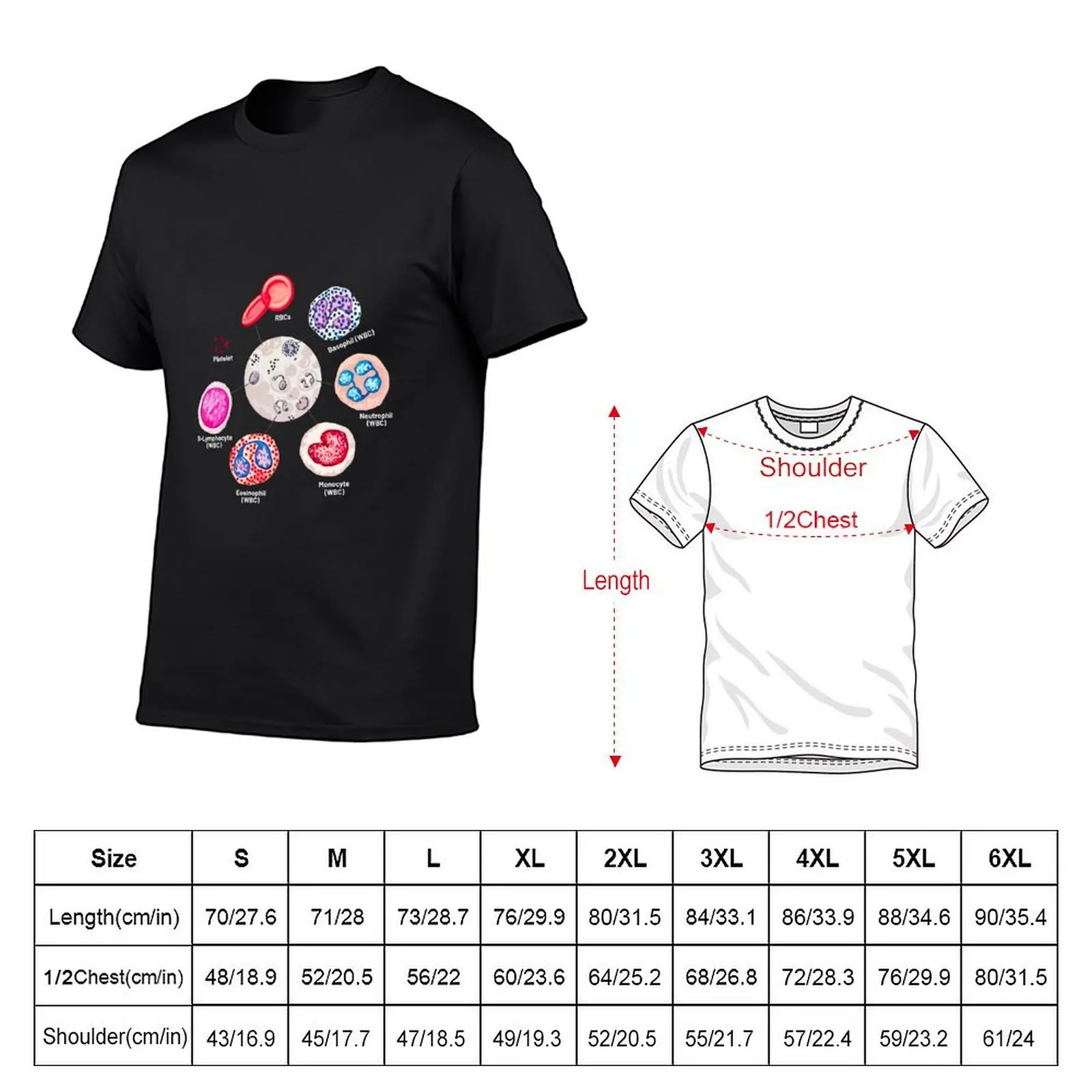 Blood cells. RBCs. WBCs, Basophil, Platelet, thrombocyte, Neutrophil, B-Lymphocyte, Monocyte, Eosinophil. T-Shirt