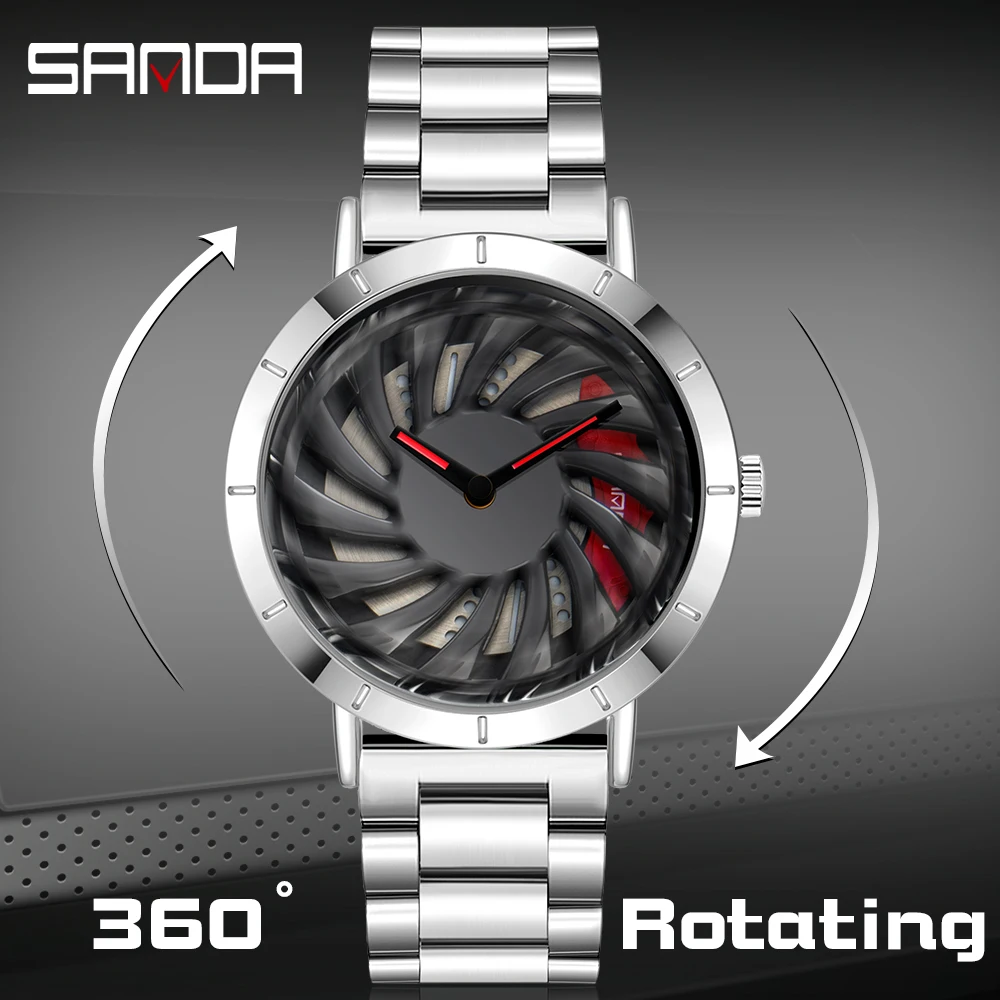 Fashion Sanda Top Brand Hot Sell Stainless Men Watch Waterproof Sport Racing Car Rim Wheel Rotating Dial Clock Relogio Masculino