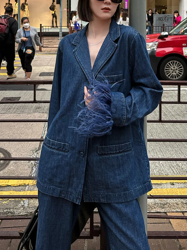 TWOTWINSTYLE Solid Patchwork Feathers Denim Coat For Women Lapel Long Sleeve Spliced Single Breasted Chic Coats Female Fashion