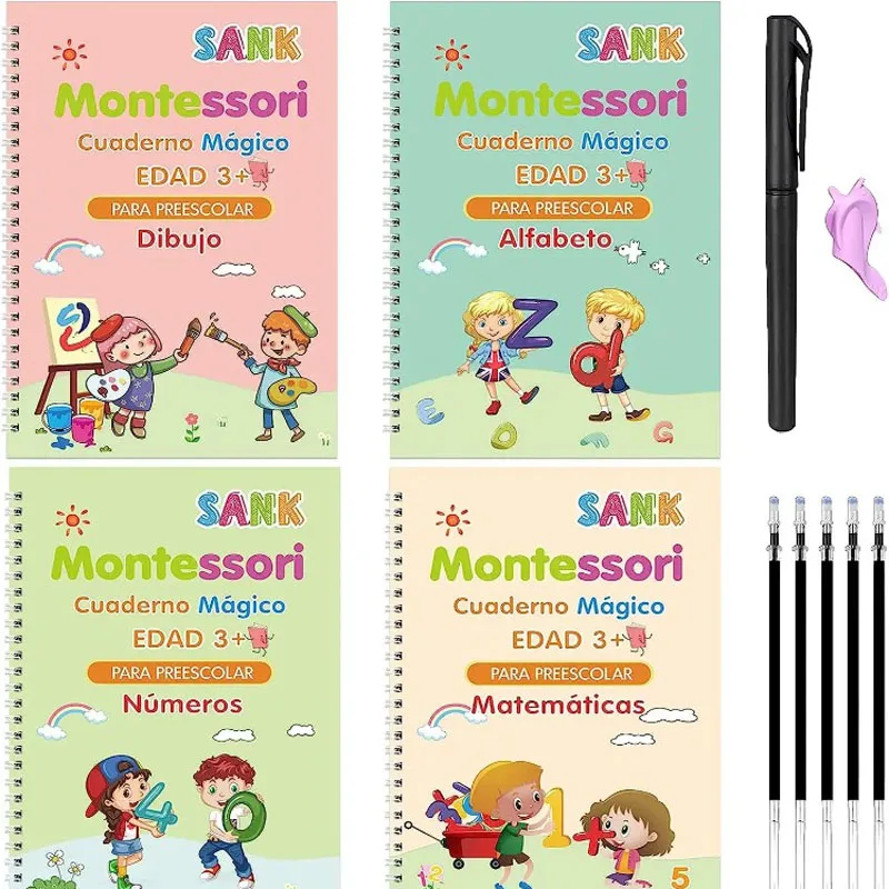 4Books Magic Writing Book in Spanish Calligraphy Notebook Montessori Kids Reusable Educational Calligraphic Letter Practice Toy