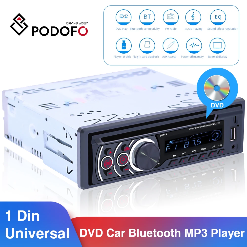 

Podofo 8169A Universal 1 Din Bluetooth Car Stereo MP3 Player 1din Autoradio CD VCD DVD AUX USB FM Radio Auto Audio Car Player