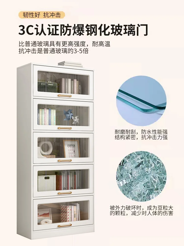 Bookcase with glass door, dust-proof shelf, household storage cabinet, display cabinet integrated against the wall, chil