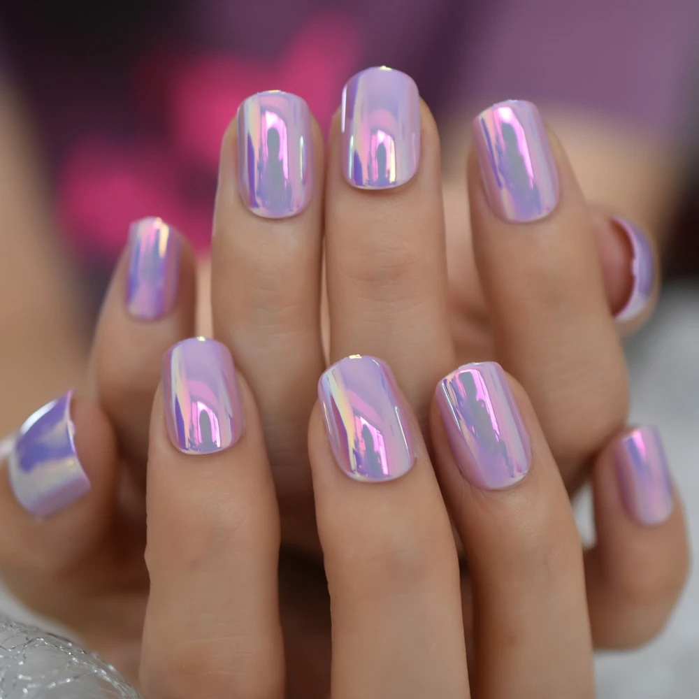 DIY Fake Nails Magic Color Chameleon Pink Purple Press on False Nails Short Fake Nails Salon Manicure Reusable Nail Art Tips