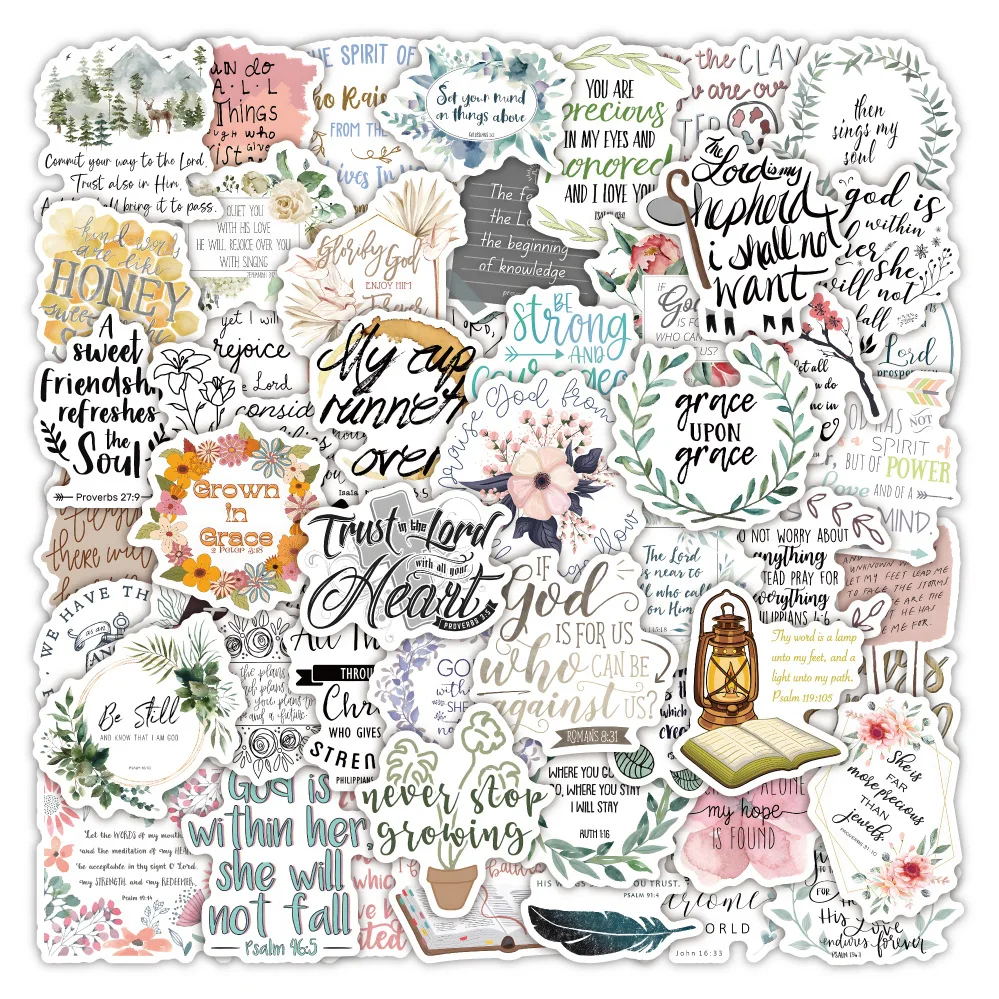 50PCS Creative Bible Inspirational Sentence Stickers Waterproof Cartoon Word Graffiti Decoration Guitar Laptop Bike Phone Toys