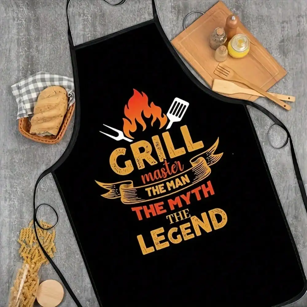 Delantal Grill Master, El Hombre, El Mito, La Leyenda, Divertido Uniforme de Chef para Barbacoa con Estampado de Llama y Espátula, Regalo de Cocina para Hombre, Accesorio de Cocina