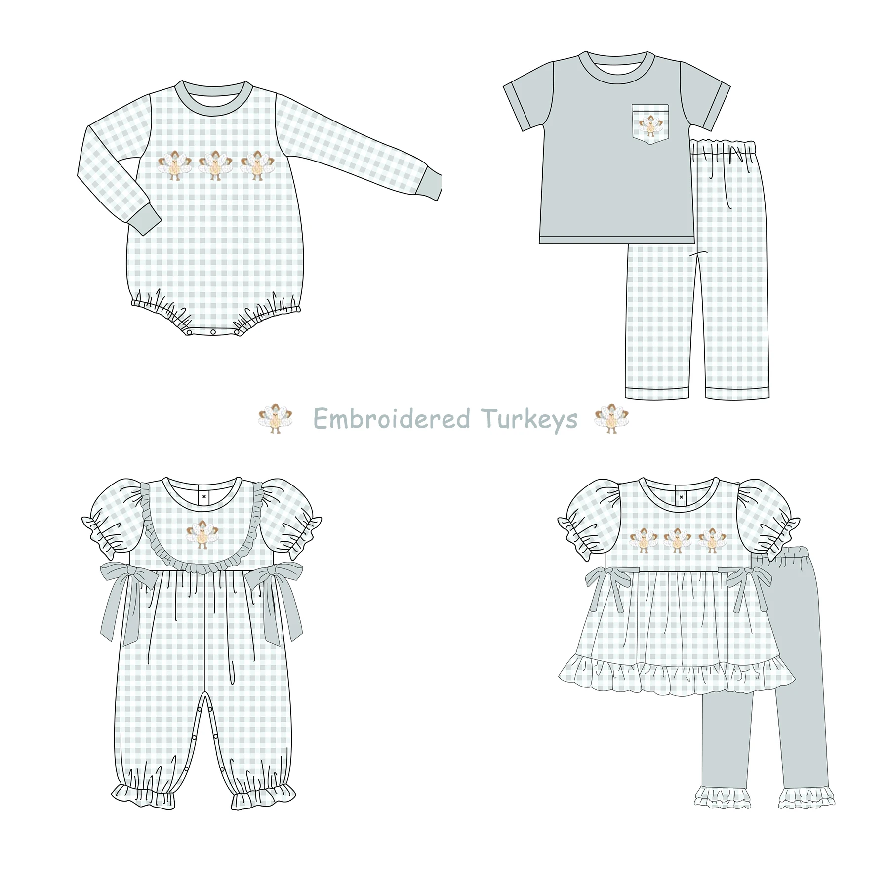 

Thanksgiving Long Sleeve Round Neck Romper Trucks Embroidery Jumpsuit Mint Girls Clothing Suit Lattice Outfits Boy Clothes Set