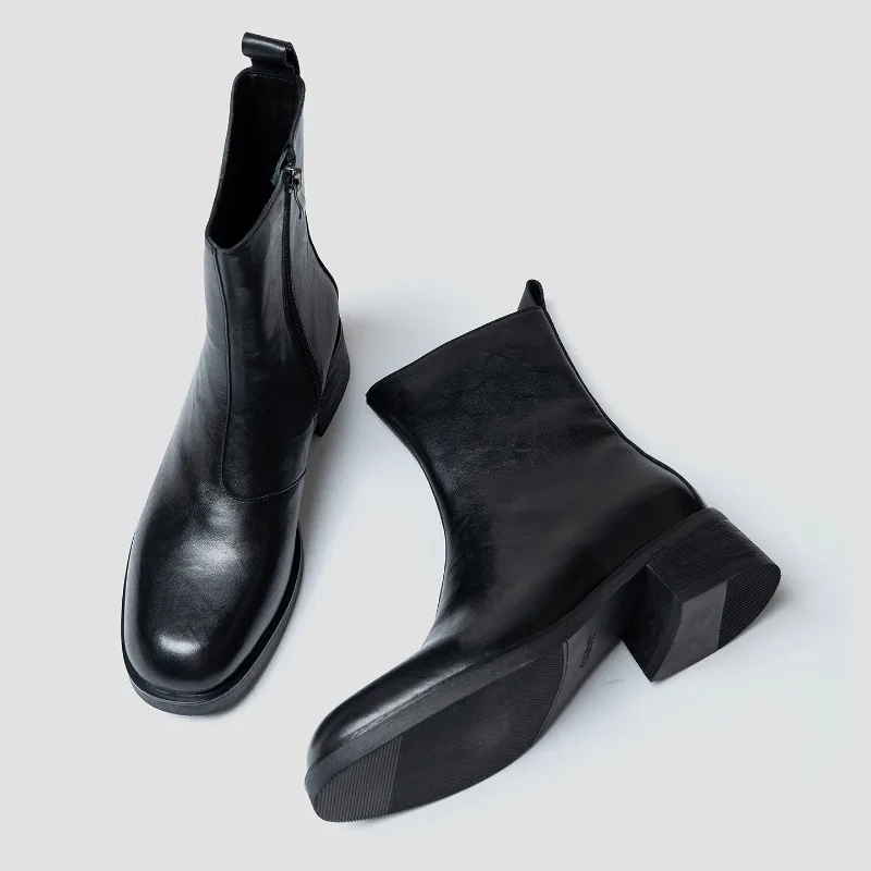 

Genuine Leather High End Fashion Black Mid Calf Chelsea Boots Mens Business Office British Outdoor Ankle Riding Boots Male Shoes