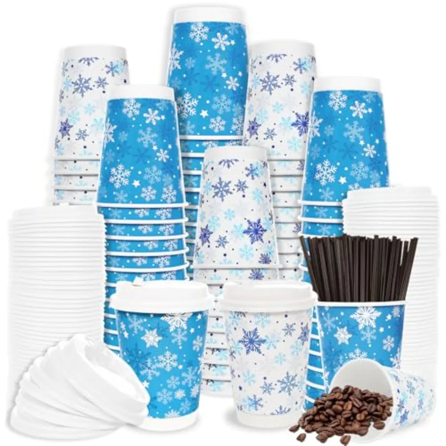 

100 шт. бумажные стаканчики со снежинками, 12 унций, одноразовые стаканчики для напитков для рождественских мероприятий с герметичными крышками и мешалками, очень толстые