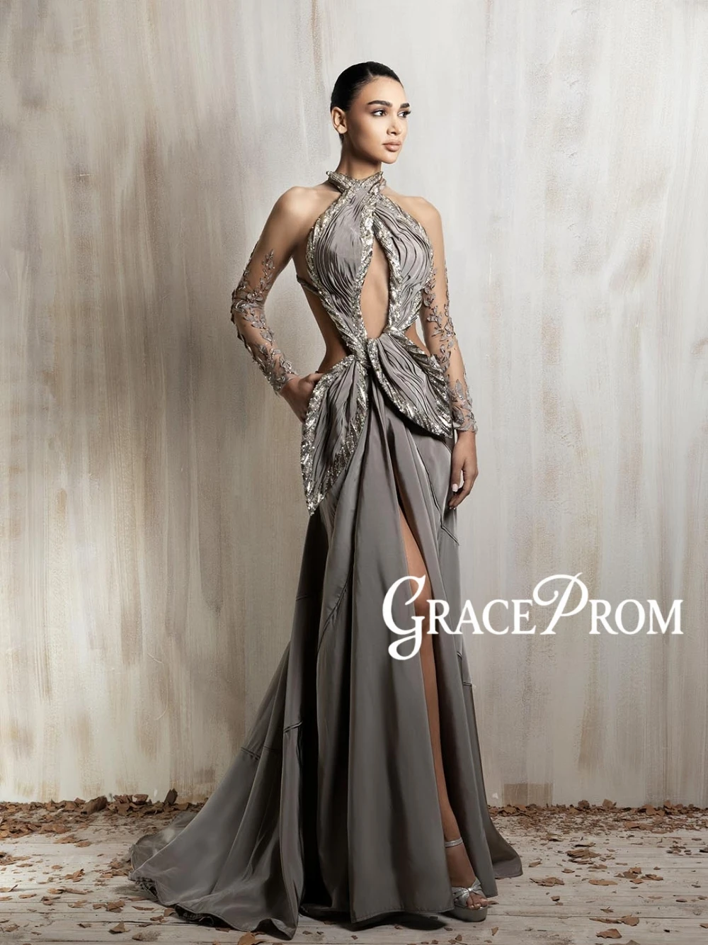 

Newest Sexy Grey Halter Evening Dress Illusion Long Sleeve Chic Dainty Cutout Beaded High Split Mermaid Formal Gown With Train