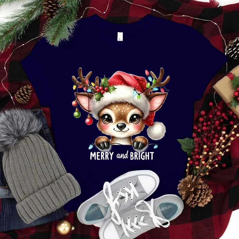 Kaus rusa Natal, atasan leher bulat lengan pendek kasual uniseks, kaus modis musim panas dan wanita, kaus rusa Natal