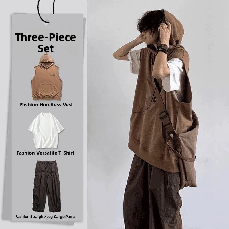 

Men's Brown Hooded Vest And Pants Set Casual Summer Workwear Sle ort Sve Long Pants Faionable And Versatile Outfit