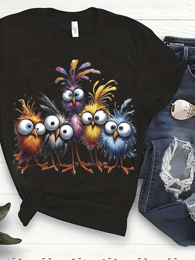 Colorful Cartoon Bird Pattern T-Shirt Fun Whimsical Black Tee With Vivid Feathered Birds For Casual Wear Summer Bird Lover's Top