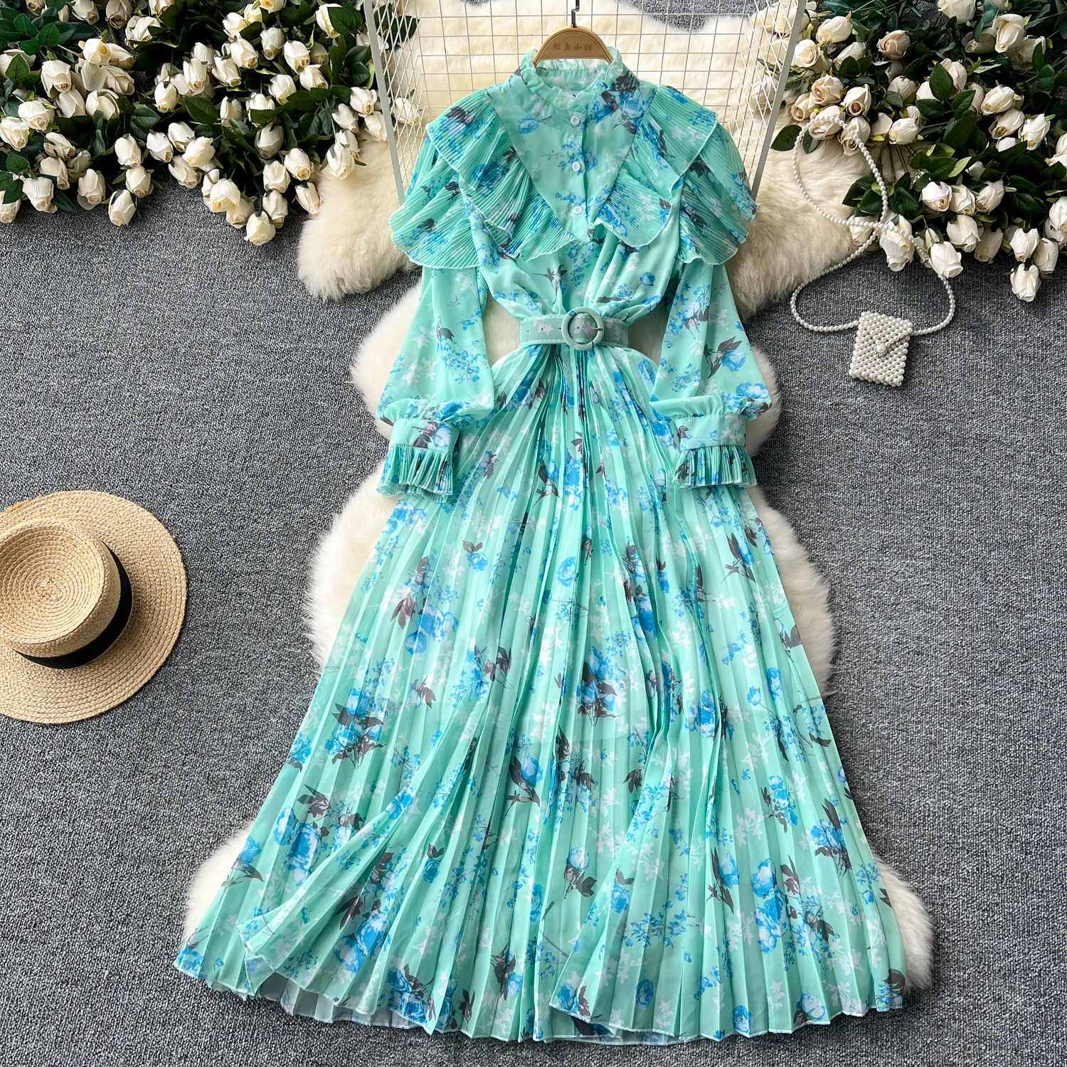 Retro Print chiffon Elegant Dress A-line lool Sleeve  Vacation Party Women summer Spring ruffle PATCHWORK Vestidos dresses