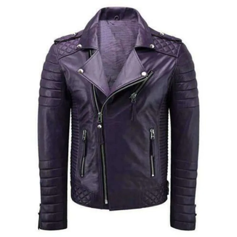 

Mens Genuine Lambskin Quilted Biker Jacket Motorcycle Purple Leather Jacket Coat