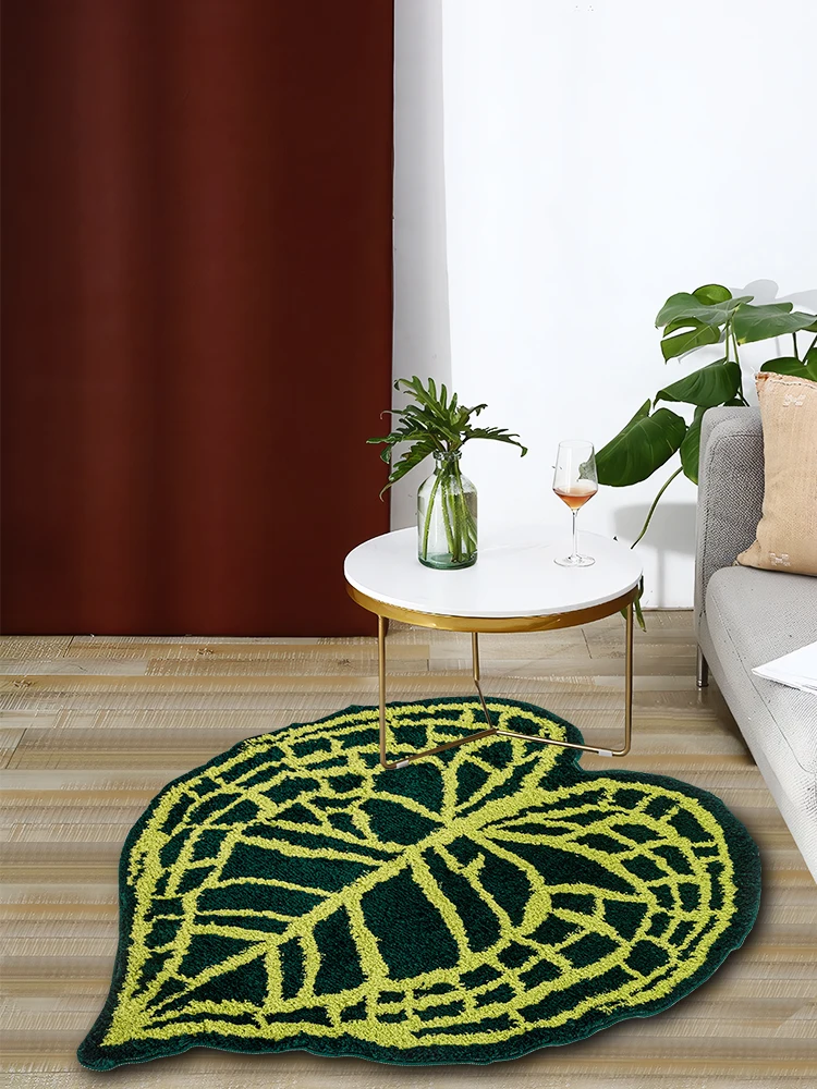 Plant Anthurium Leaf Tufted Rug Heart Shaped Plush Green Tropical Leaf Area Rug for Living Room Bathroom Fluffy Anthurium Mat