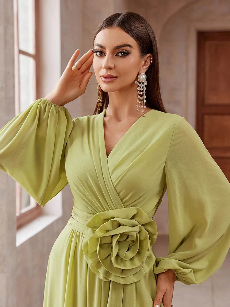 TOLEEN-Women\'s Monochromatic Evening Dress, 3D Floral Decorated, Lantern Sleeve, Maxi Cocktail Dress, Luxury Elegant Party, 2024