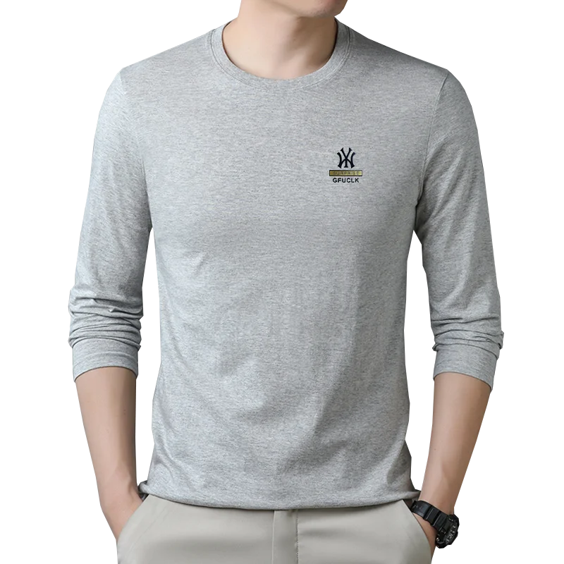 100% Pure Cotton Long Sleeved T-shirt Men's New Autumn Thin Style Men's Round Neck Casual Top Polo Shirt Men