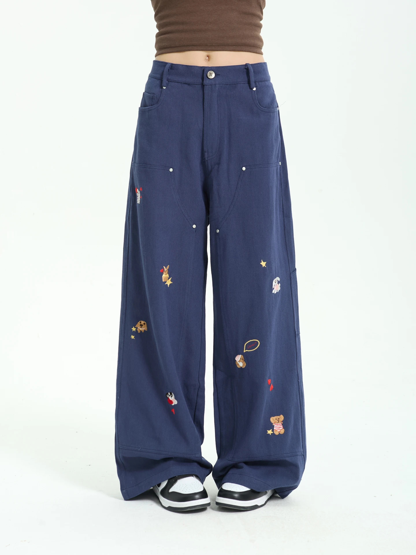 

7KEEWEN Осенние женские джинсовые брюки в американском ретро-стиле, свободные, с мультяшной вышивкой, широкие, повседневные, длинные, в пол