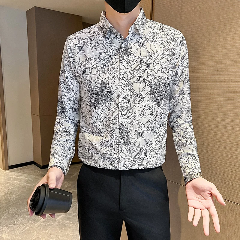 

2025 Autumn Winter Men's Long Sleeved Floral Shirt Casual Slim Fit Shirts Business Social Nightclub Party Shirt Men Clothing