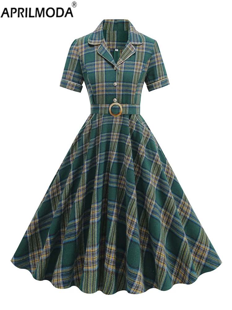 Autumn Winter Flare Tea Midi Dress Notched Collar Buttons Belted Women 1950s Vintage Plaid Rockabilly Dresses Elegant Clothing